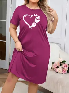 Summer Casual Plus Size Home Sleepwear Heart, Soft Comfortable Fabric, Breathable Loose Fit, Slight Stretch, Designed for Curvy Women