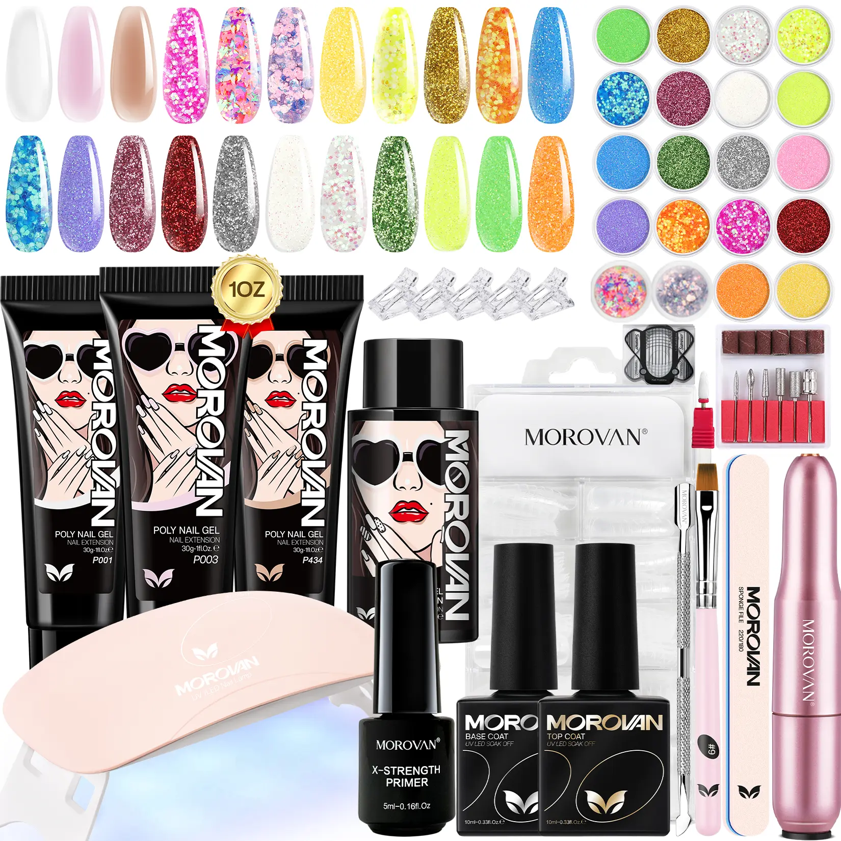 MOROVAN Poly Gel Nail Kit - 20 Glitter Colors with Nail Lamp, Drill, Complete Supplies for Beginners, Salon-Quality Manicure & Extensions, Ideal Gift for Her, Nail Extensions