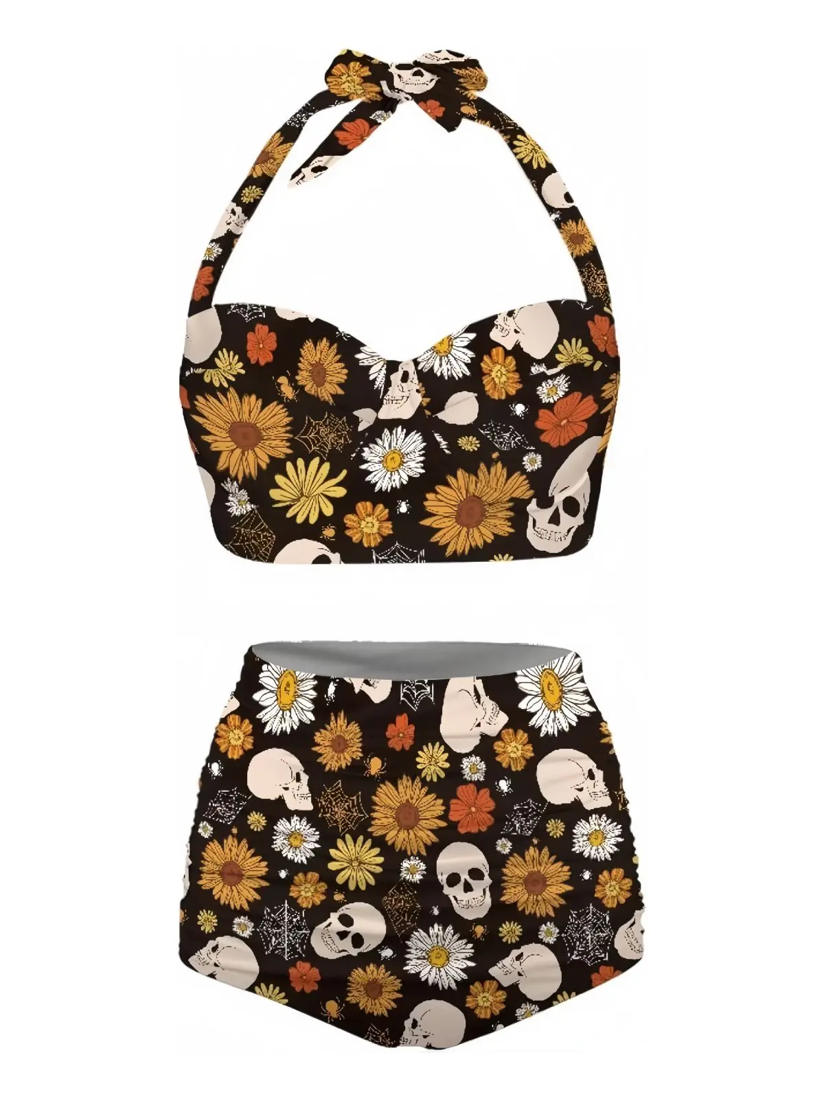 Black 1950s Floral Print Lace-Up Halter Swimsuitsummer outfits beach essentials vacation outfits BackToSchool