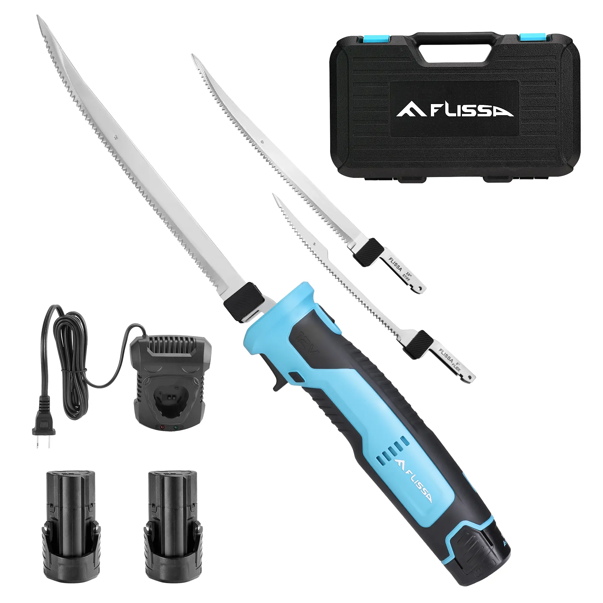 #backtoschool FLISSA Cordless Electric Fillet Knife for Fish with 8" and 10" Stainless Steel Blades, Rechargeable Electric Knife with Non-Slip Handle, 2 Packs Long Lasting Lithium-ion Battery, Portable Carry Case