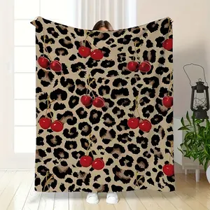 1 Piece Leopard Cherry Print Flannel Blanket - Ultra Soft All-Season Sofa, Bed Travel & Home Decor Blanket, Machine Washable, Comfortable Gift with Eye-Catching Animal Pattern and Red Cherries, Sofa Throw, Plush Texture, Modern Style, Durable Fabric, Fash