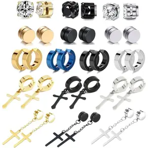 16 Pairs Stud Earrings for Men Women 316L Stainless Steel Dangle Hoop Earring Clip On Non Pierced Earrings CZ Earring Set Dainty Fashion Jewelry