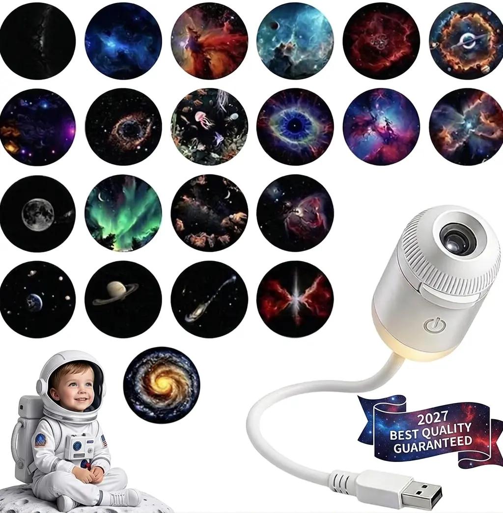 2-in-1 USB Power Galaxy Projector Lamp, Premium 24-Sliding Projection Films, Adjustable Soft Ambient LED Night Light, Portable Mini for Cars, Walls, Bedrooms, Travel Environments, STEM Learning Toy Gift for Autistic Kids