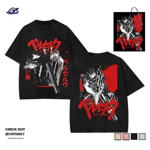 Menswear Berserk Anime Graphic Tee - Vintage Manga Dark Fantasy Streetwear - Heavyweight Washed Cotton Short-Sleeve T-Shirt for Men, Women
