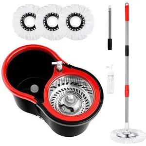 Spin Mop & Bucket Set – 3 Microfiber Mop Heads, Adjustable Stainless Steel Handle, Red & Black – Easy Floor Cleaning for Home & Kitchen