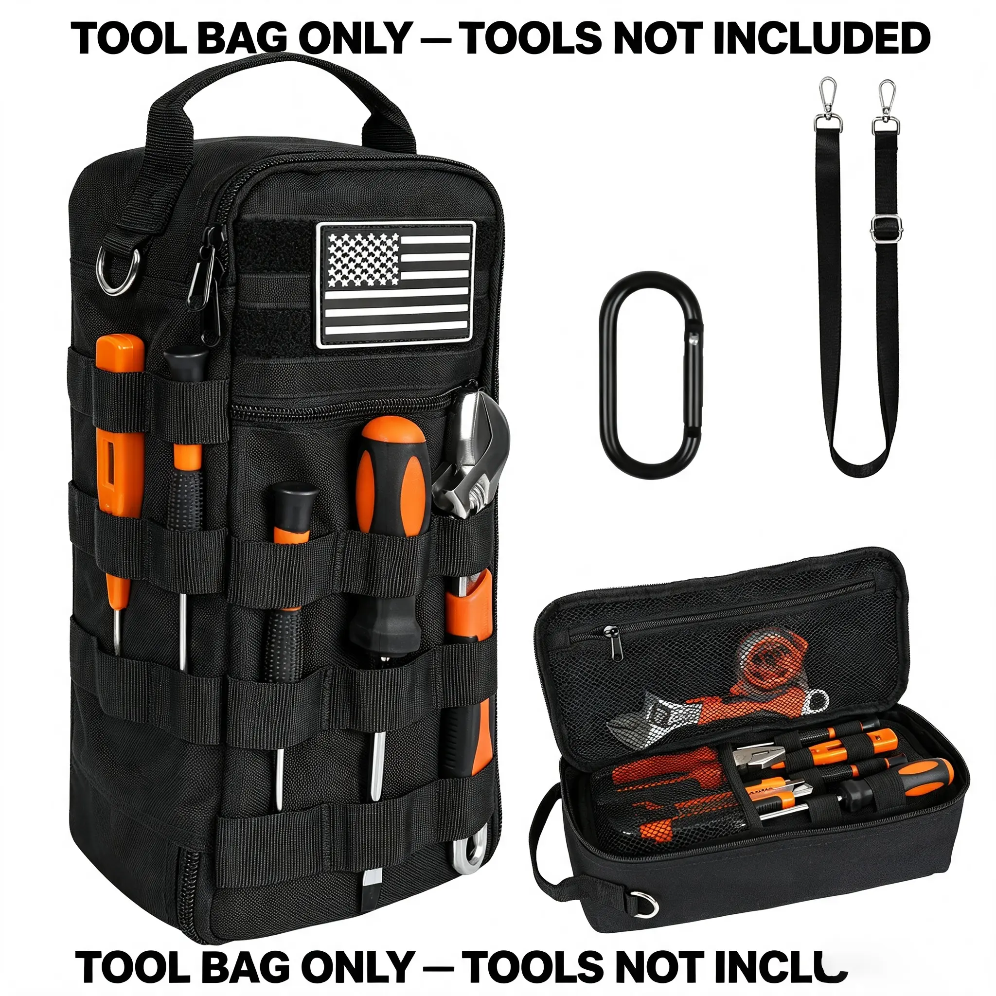Portable Small Tool Bag, Heavy Duty Tool Pouch Bag with Shoulder Strap and D-ring Clip, Durable Waterproof Multiple Pockets Tool Hand Bag for Electricians, Carpenters, HVAC Technicians (Tools not included)