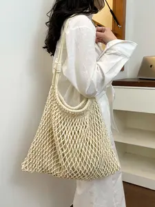 2026 New Cotton Rope Handmade Fishing Net Bag, Hollow Out Mesh Shoulder Bag, Large Capacity Crochet Style Tote Bag, Beach Bag with Inner Pocket, Handcrafted Crochet Bag