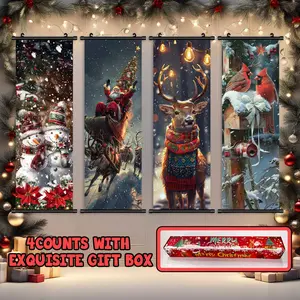 4-Piece Christmas Wall Art Set, Snowman & Santa Claus Posters, Modern Home Decor, Waterproof HD Prints, Gift Box Included, Modern Home Decoration