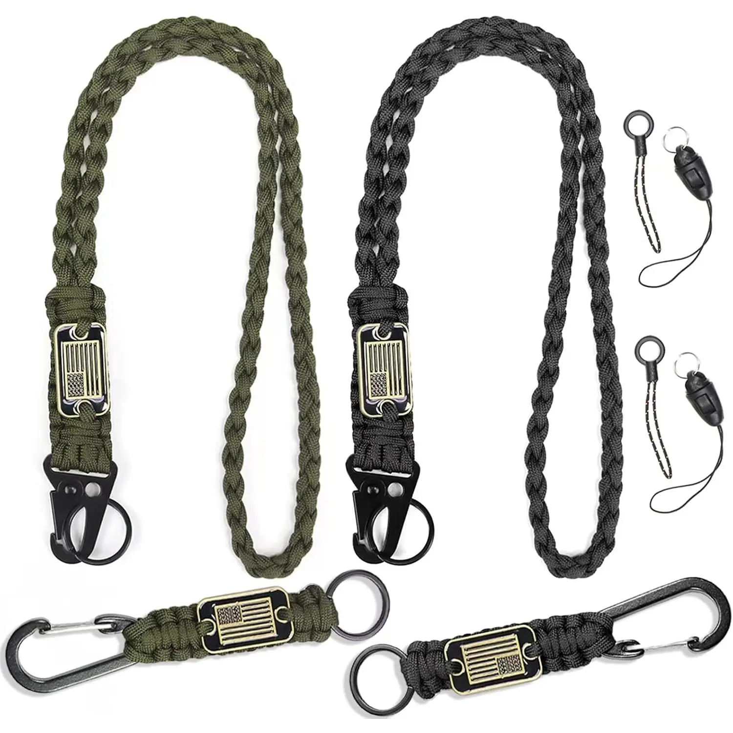 Tactical Paracord Lanyard Set, 4 Pack Lightweight Braided Nylon Neck and Wrist Straps for ID Badge Holder, Heavy-Duty Keychain with USA Flag, Id Lanyard Badge Holder, Name Tag Lanyards