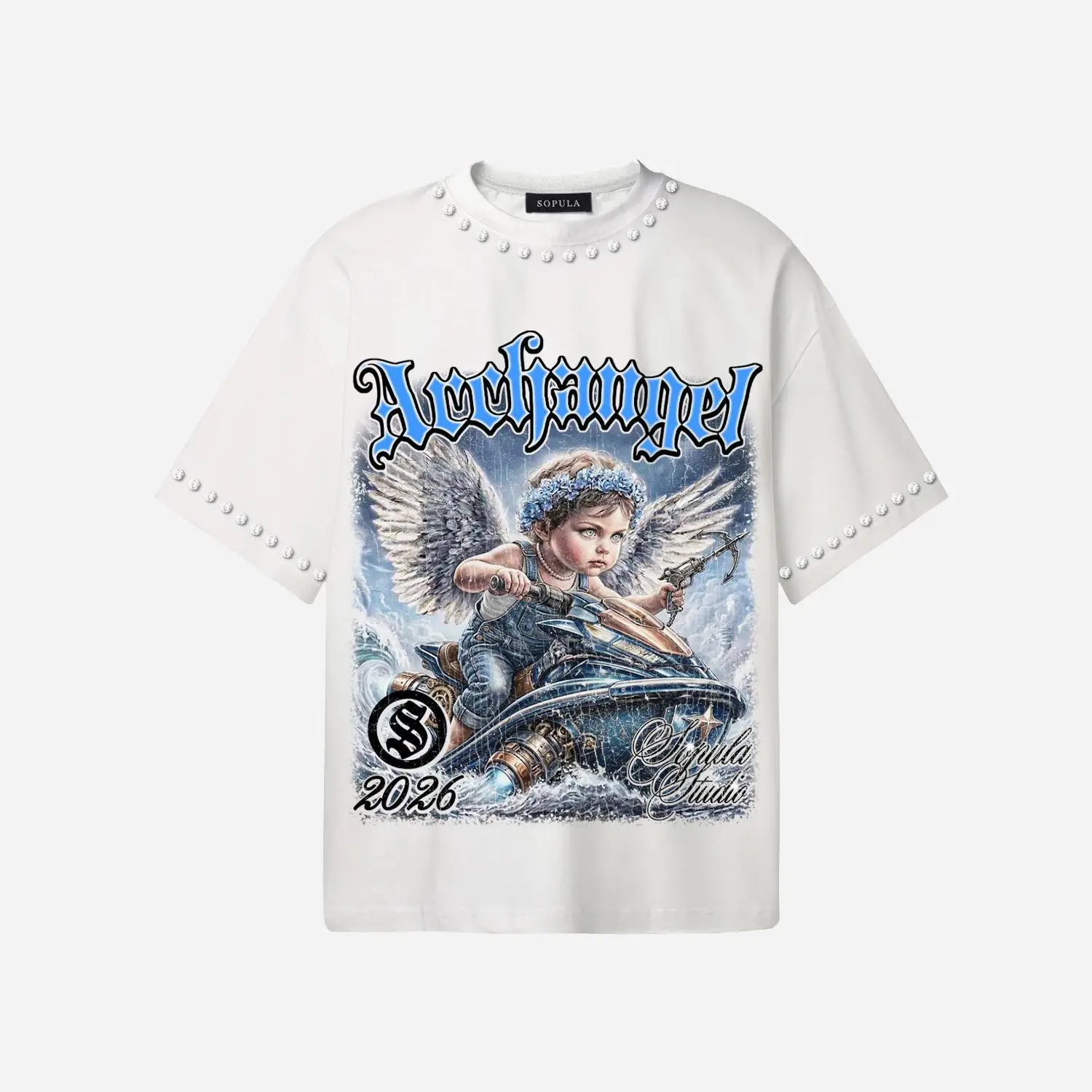 Sopula Studio Men's Short-Sleeve Round Neck Archangel Battle Graphic Cotton Tshirt, Casual Streetwear Crewneck Top, Menswear Cotton Graphic Tees, Shortsleeve, Good Graphic Tees
