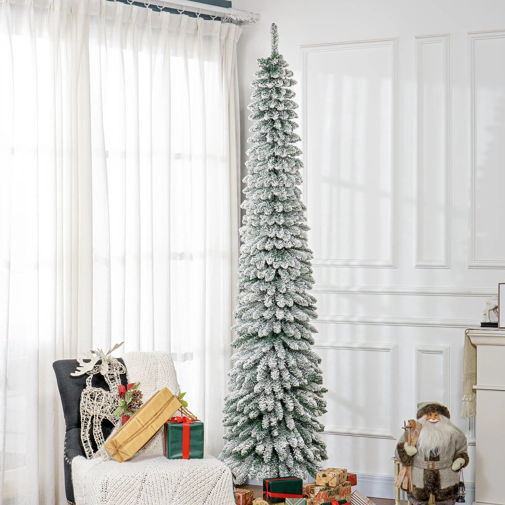 HOMCOM Multi-Size Unlit Snow Flocked Pencil Shape Artificial Christmas Tree, 5ft-9ft, Natural Realistic Green Branches, Fire Resistant Metal Base Frame, Easy Install Quick Setup Indoor Holiday Decoration for Home Entryway, 5Ft-8Ft