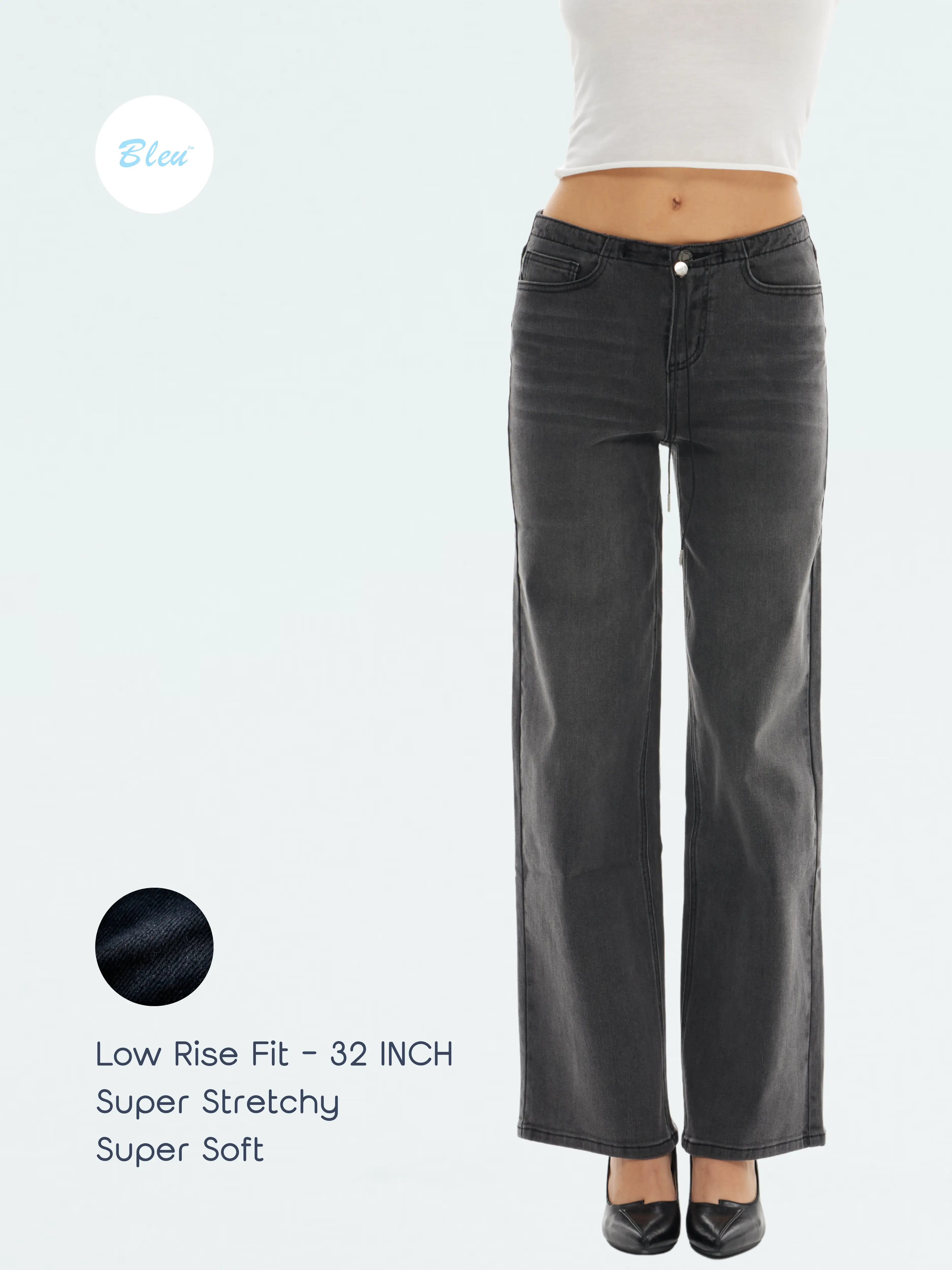 BLEU Women’s Super Stretch Low Rise Drawstring Wide Leg Jeans, Vintage Washed Baggy Denim Pants