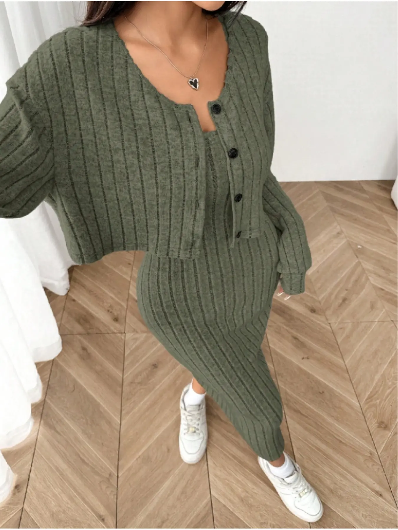 Women's new autumn casual rib knitted shoulder-down button front placket long sleeve jacket and tight midi dress suit Casual wear Casual Matching Clothing Casual Fashion Clothing