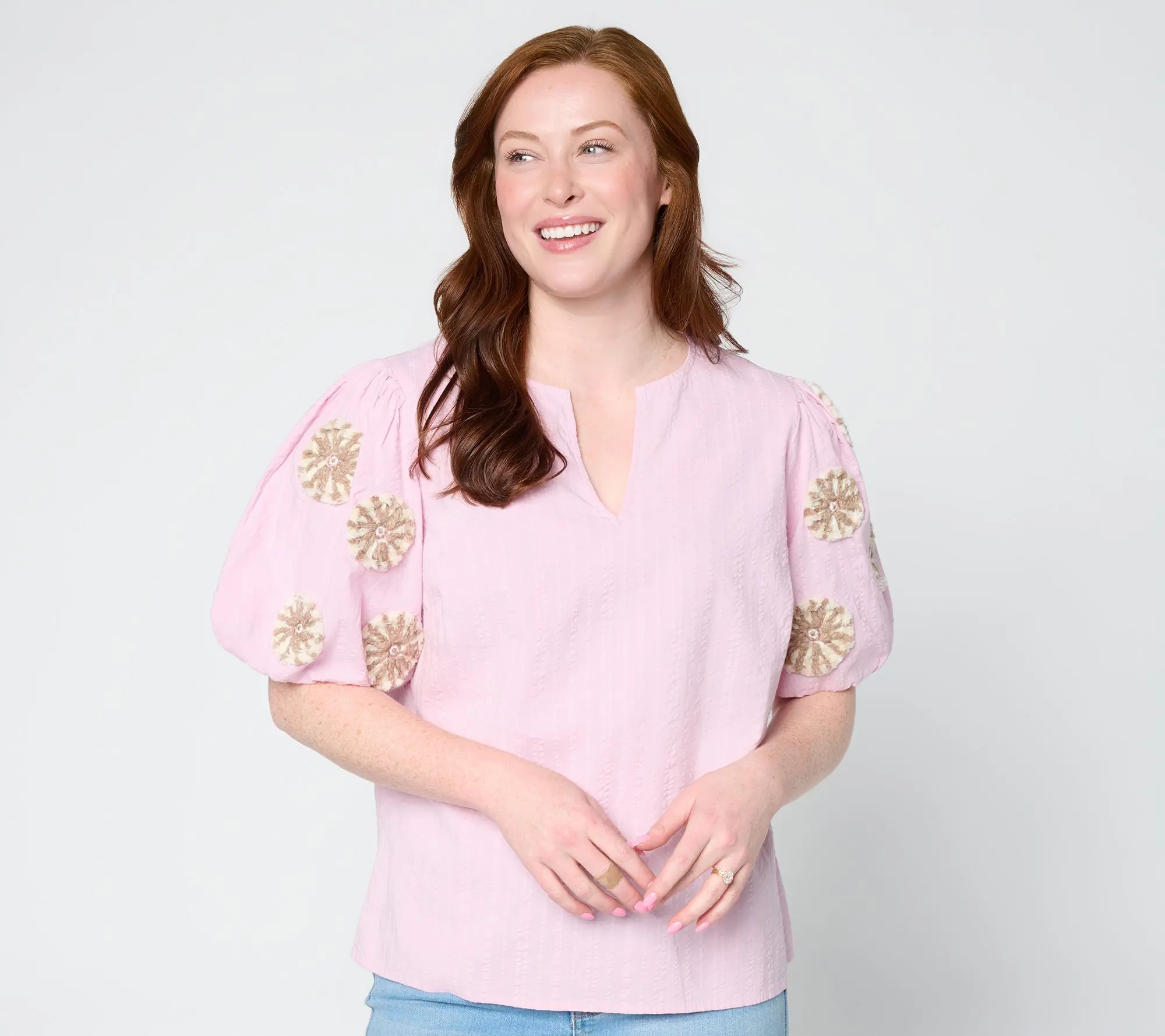 Studio Park x Amy Stran Embroidered Puff Sleeve VNeck Blouse