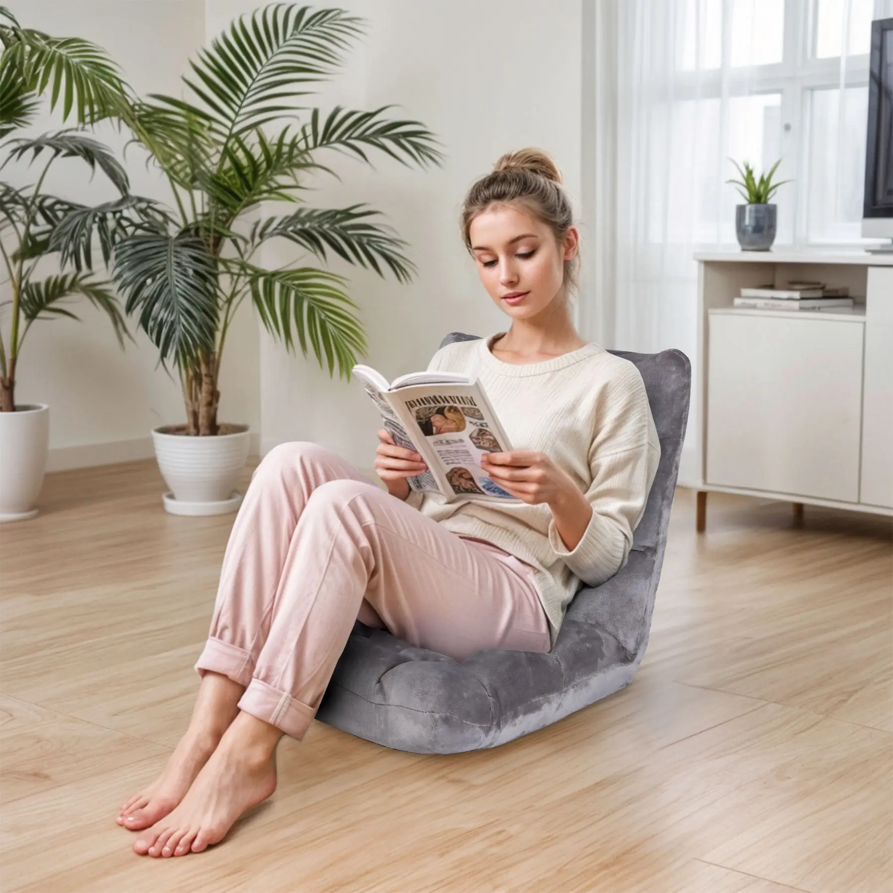 LEMY 14-Level Adjustable Folding Floor Chair with Plush Cushion Lazy Recliner Sofa for Gaming, Reading, and Relaxing
