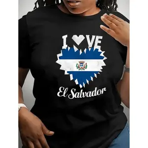 El Salvador Flag Heart Design Women's Casual Short Sleeve T-Shirt In Black With Blue White Print For All Season Comfort