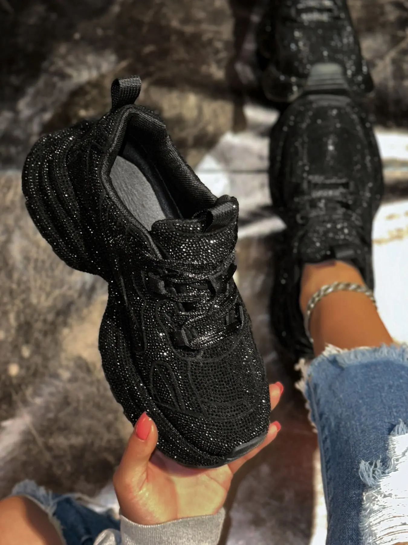 Shiny Rhinestone Fashion Casual Sport Shoes, All-Season Comfortable Sneakers, Solid Color Glitter Design Sneakers, Rhinestone Embellished Sneakers, Stylish Athletic Footwear for Men and Women