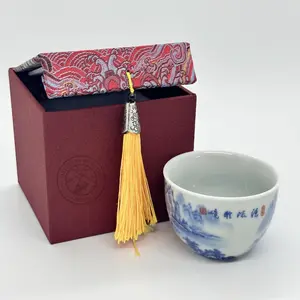 [Jingdezhen Qicheng Tang] Intangible Cultural Heritage Hand-Painted Underglaze Blue & White Single Teacup Gift Set, 1300℃ High-Temperature Fired Magnetized Porcelain, Landscape Pattern Chinese Gongfu Tea Cup