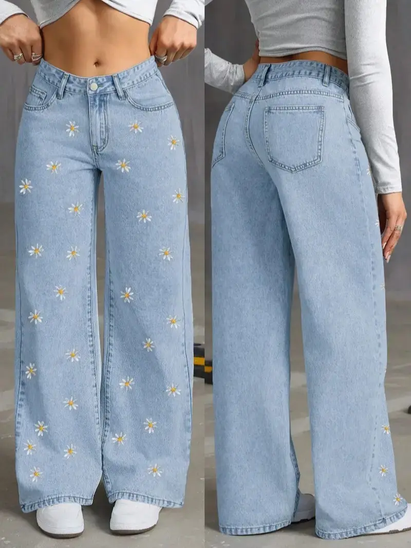 Graphic Design Jeans for Women, High-Waist Daisy Print Baggy Flare Jeans, Lightweight Casual Soft Denim Bottoms, Floral