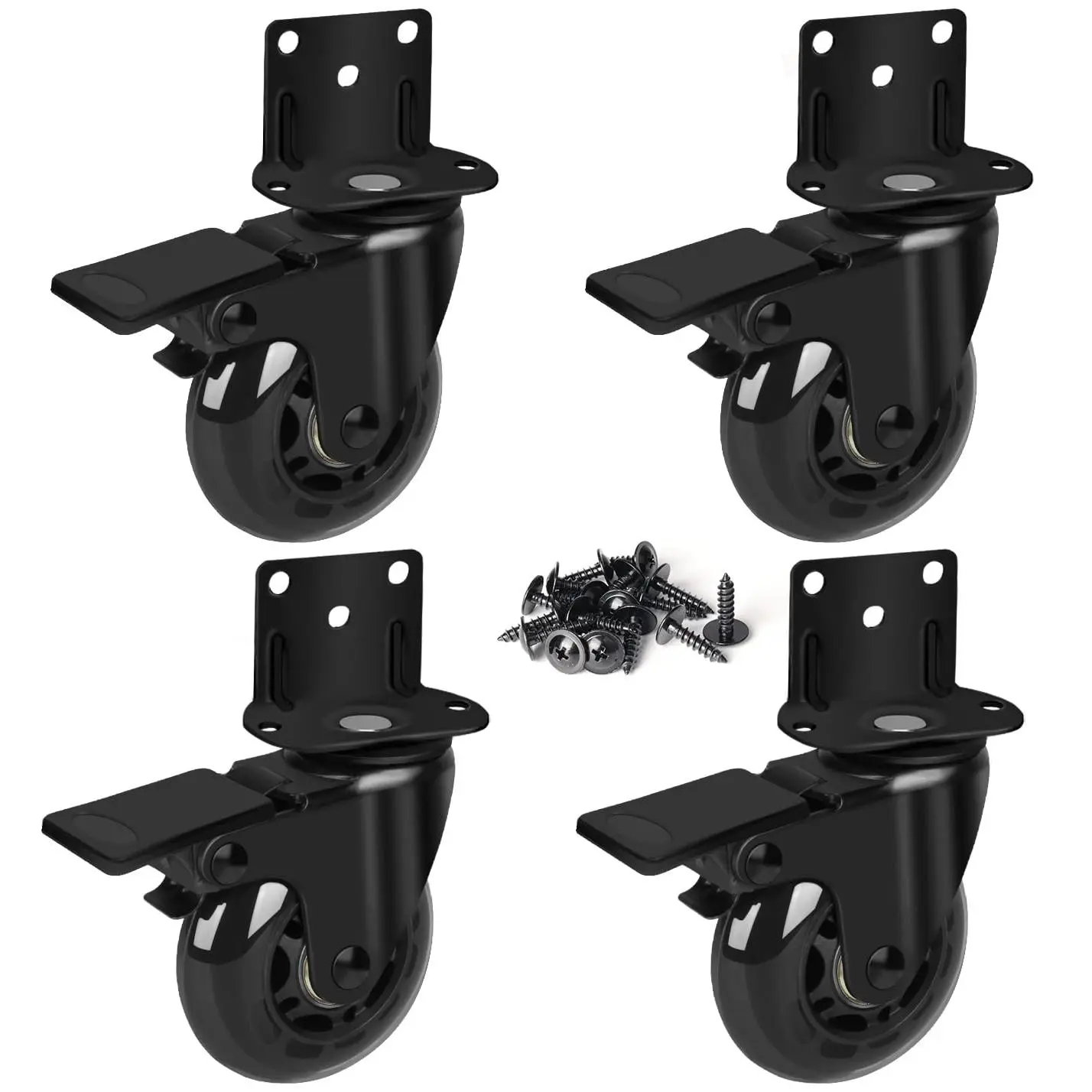 2.5 inch Heavy Duty Side Mount Swivel Caster Wheels (Set of 4) - L-Shaped Plate with Brakes, Silent Wear-Resistant Synthetic Rubber Wheels, 500 Lbs Load Capacity for Furniture Tables, Kitchen Cabinet, Shopping Carts, Manufacturer Warranty