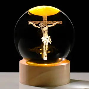 3D Jesus Engraved Cross Crystal Ball Night Light with Wood Base, Religious-Themed Religious Decorations, Christian Easter Gift for Adults, Faith-Inspired Home Desk Ornament