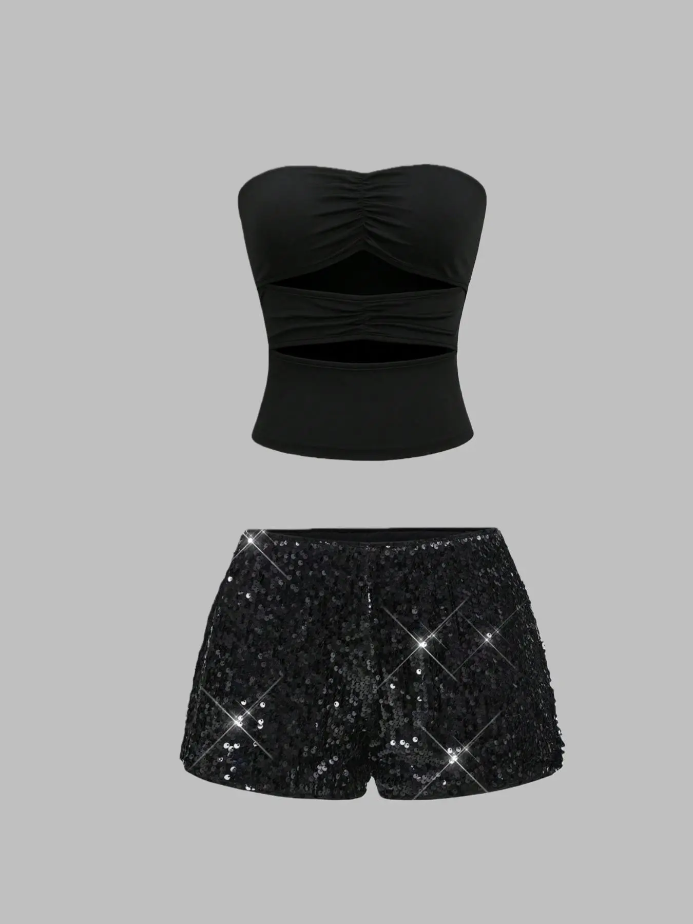 Fashion Trendy Women's Sexy Strapless Crop Graphic Sequin Shorts Set, Womenswear, Outfit, Stylish Summer, Perfect for Parties and Nightouts, Comfortable and Chic Statement
