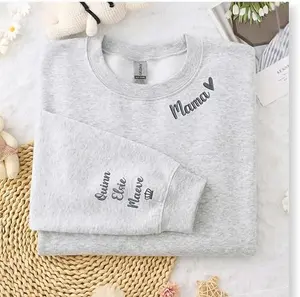 Custom Embroidered Mama Sweatshirt With Child Name on Sleeve, Personalized Collar Mom Birthday Sweatshirt, Minimalist Momma Sweater, Pregnancy Announcement Hoodie, Mother's Day Gift