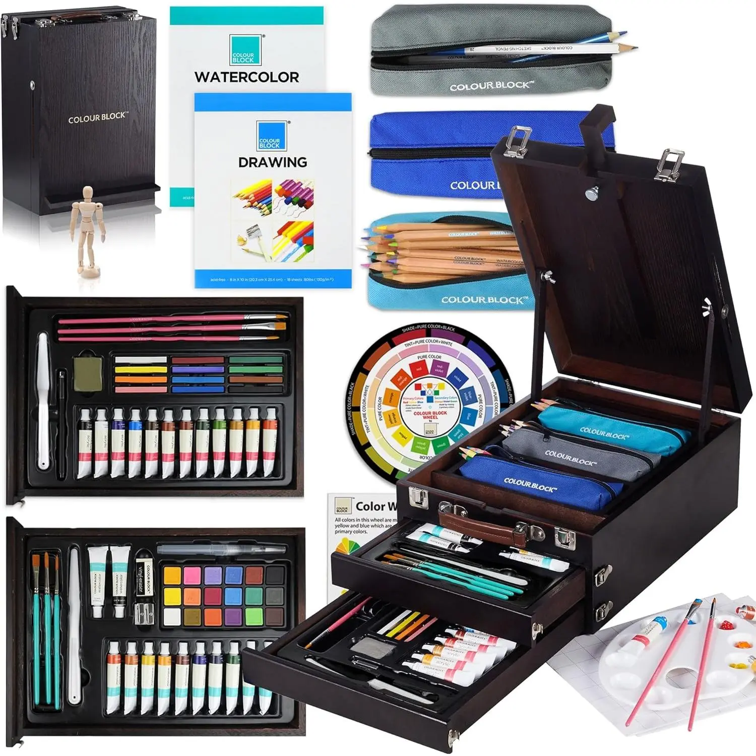 COLOUR BLOCK 152 Wooden Easel Art Supplies Set, Professional Painting and Drawing Kit with Acrylic Paints, Watercolor Paints, Sketch Pad, and Pencils for Adults and Mixed Media Artists