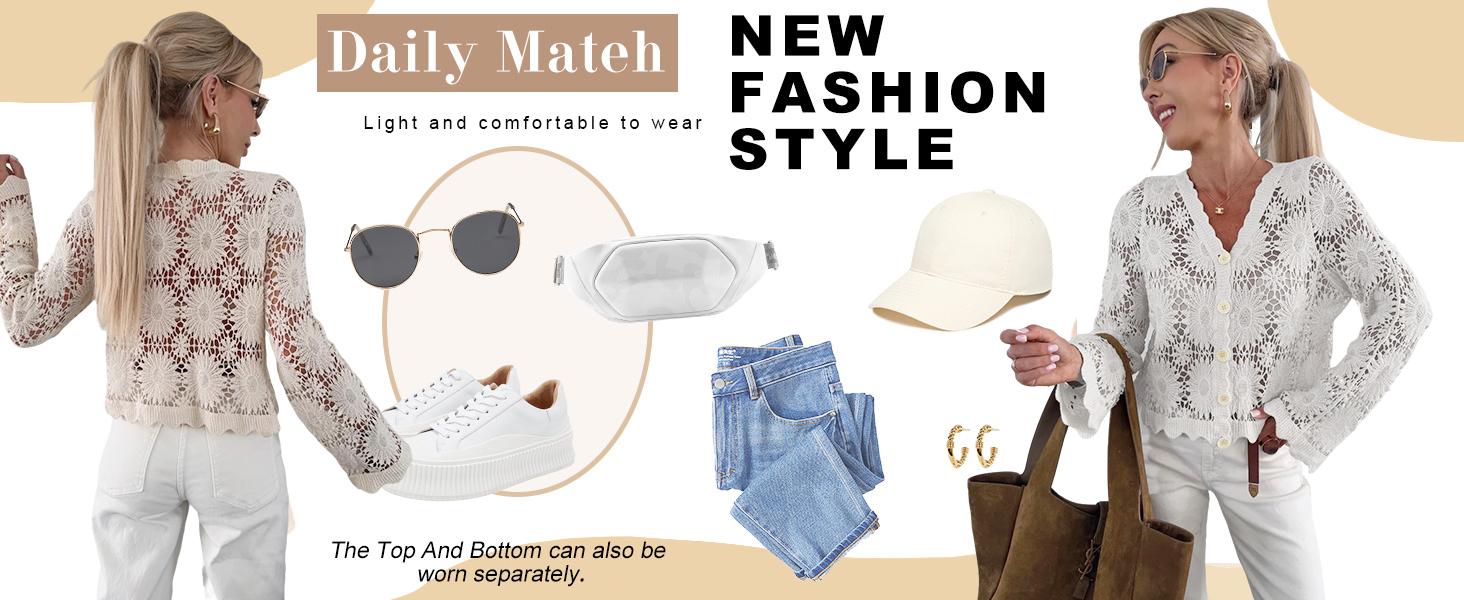 utcoco Womens Beach Vacation Crochet Knit Crop Cover Up Swimwear Sexy Hollow Out Long Sleeve Button Down Shirt Tops SpringStatements