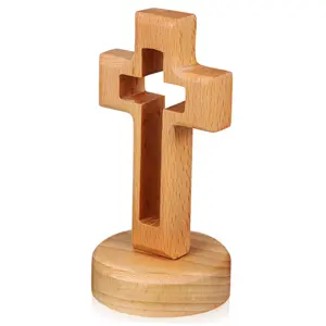 Pray for Auspiciousness Wooden Cross Ornament with Stand Decorative Wood Tabletop Cross for Church Religious Home Decoration Stylish Religious Decor Rustic Christian Decor Wooden Cross for Crafts