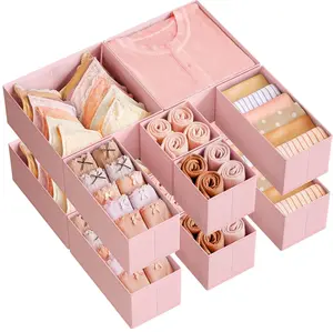STOWM 12 Pack Foldable Fabric Drawer Organizer Dividers for Underwear Socks Lingerie Pink Closet Storage Bins for Clothing Organization
