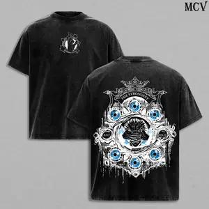 Vintage Washed Satoru Gojo Six Eyes Anime Print T-Shirt, Oversized Heavyweight Cotton Double-Sided Print Top, Unisex Harajuku Street Style Y2K Casual Summer Short Sleeve Tee for Gym and Daily Wear, Street Fashion Gift for Anime Enthusiasts