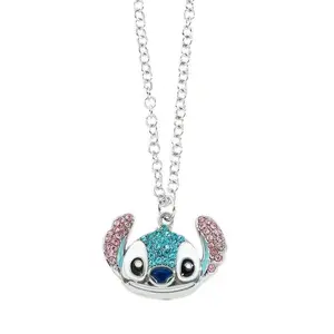 Disney Stitch Necklace with Sparkling Pink and Blue Accents on Silver Chain - Perfect Gift for Disney Fans