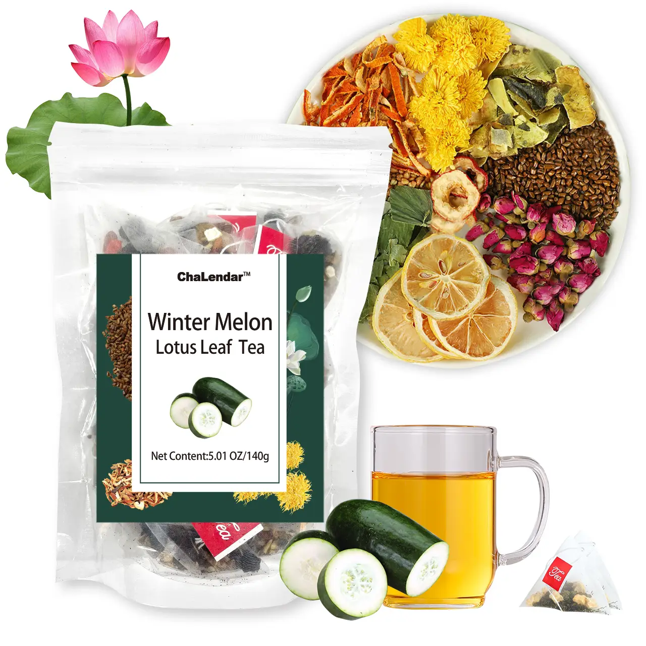 ChaLendar Chrysanthemum Herbal Tea - 20 Bags 140g Wax Gourd Lotus Leaf Blend with Lemon - Natural Vegan Beverage from China - Healthy Drink