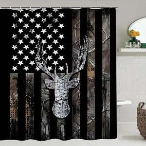 American Flag Deer Wildlife Hunting Forest Rustic Cabin Bathroom Shower Curtain, Non-Slip Bath Mat, Holiday Gift Idea
