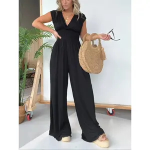 Plus Size Solid V-Neck Ruched Jumpsuit, Solid Color Jumpsuit, Casual Sleeveless Jumpsuit for Everyday Wear, Women’s Plus Size Clothing for All Seasons