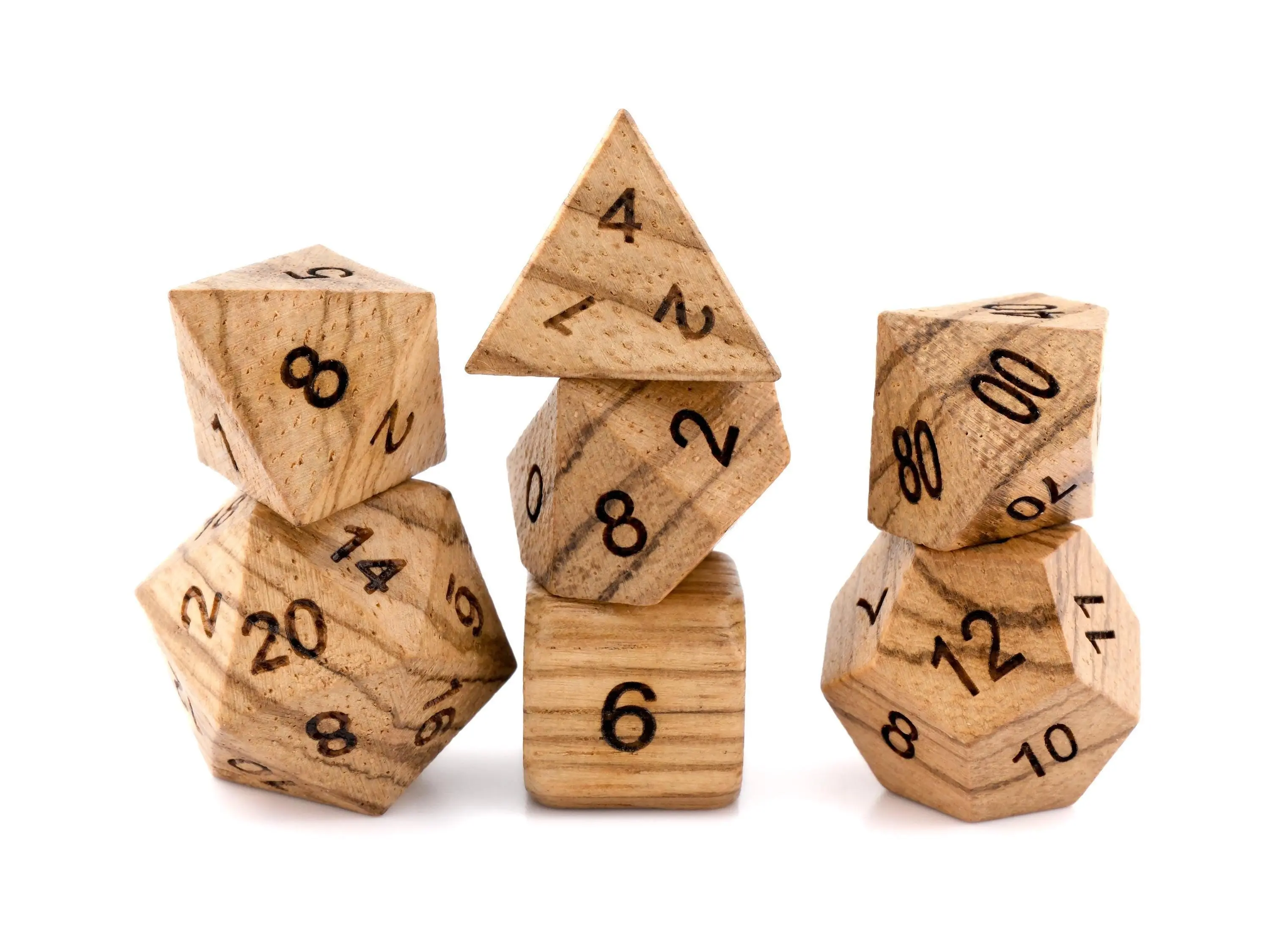 Zebra Wood DnD Game Dice Set - 7-Piece Engraved Numbers for TTRPGs