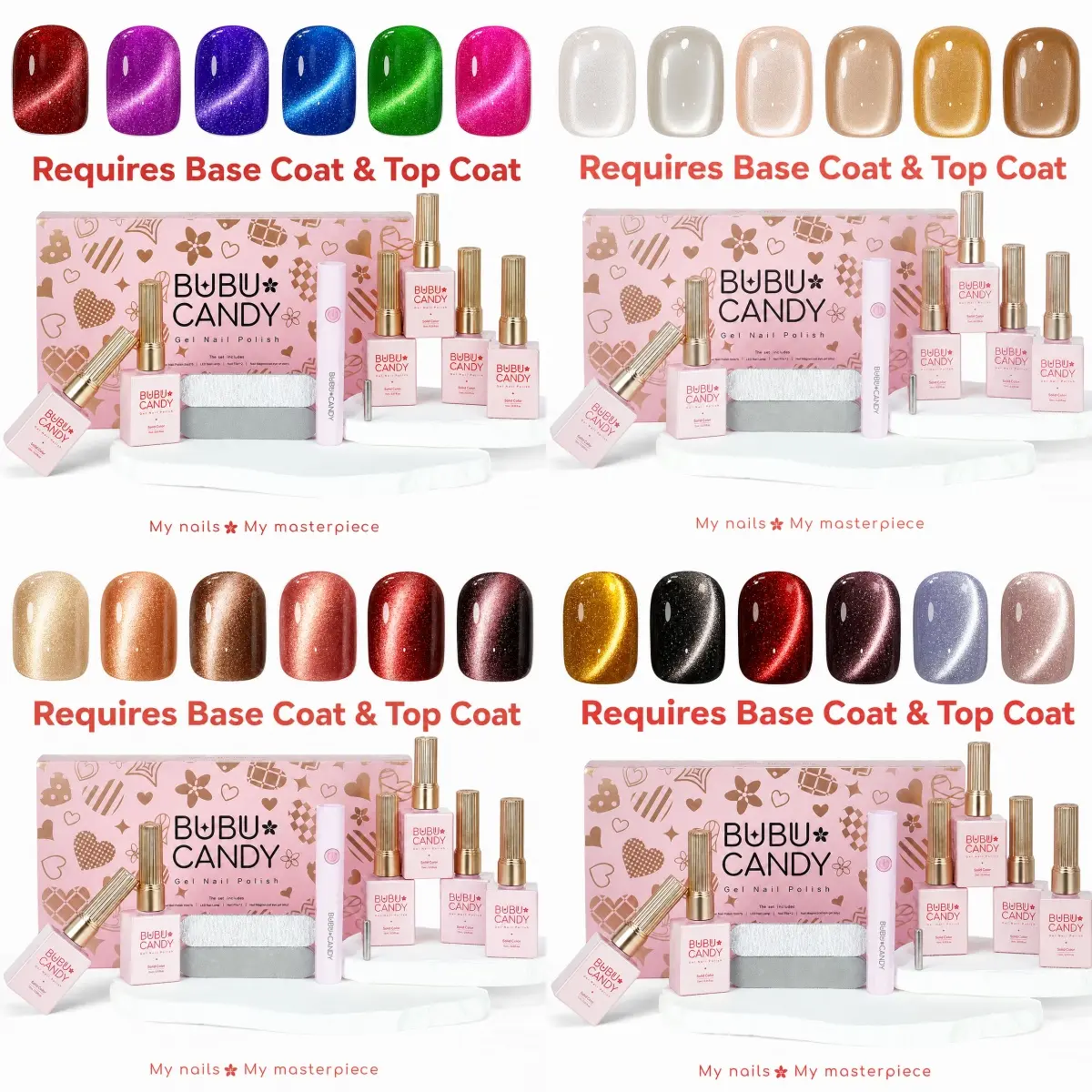 BUBU CANDY M's Pick Metallic Cat Eye Gel Polish Set, 6PCS 15ML Gold Silver Galaxy Colors, HEMA & TPO-Free Kit with LED Lamp & Nail Files