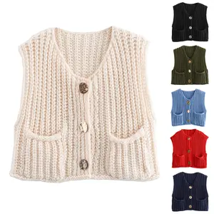 Tanming Womens Crochet Chunky Knit Top Sleeveless Button Down Crop Tops Trendy Cardigan Sweater Vest for Women with Pockets