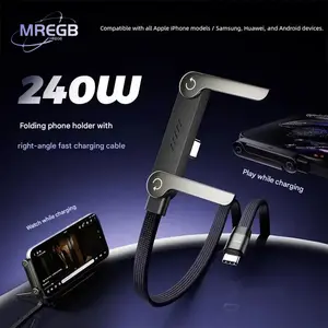 MREGB 240w Invisible Holder Charger Cable with Stand, Super Fast Charging 2-in-1 Fast Charging Cord & Phone Stand for Gaming, Office, Car Travel, Compatible with iPhone Samsung Type-C charging cable Black Device Durable