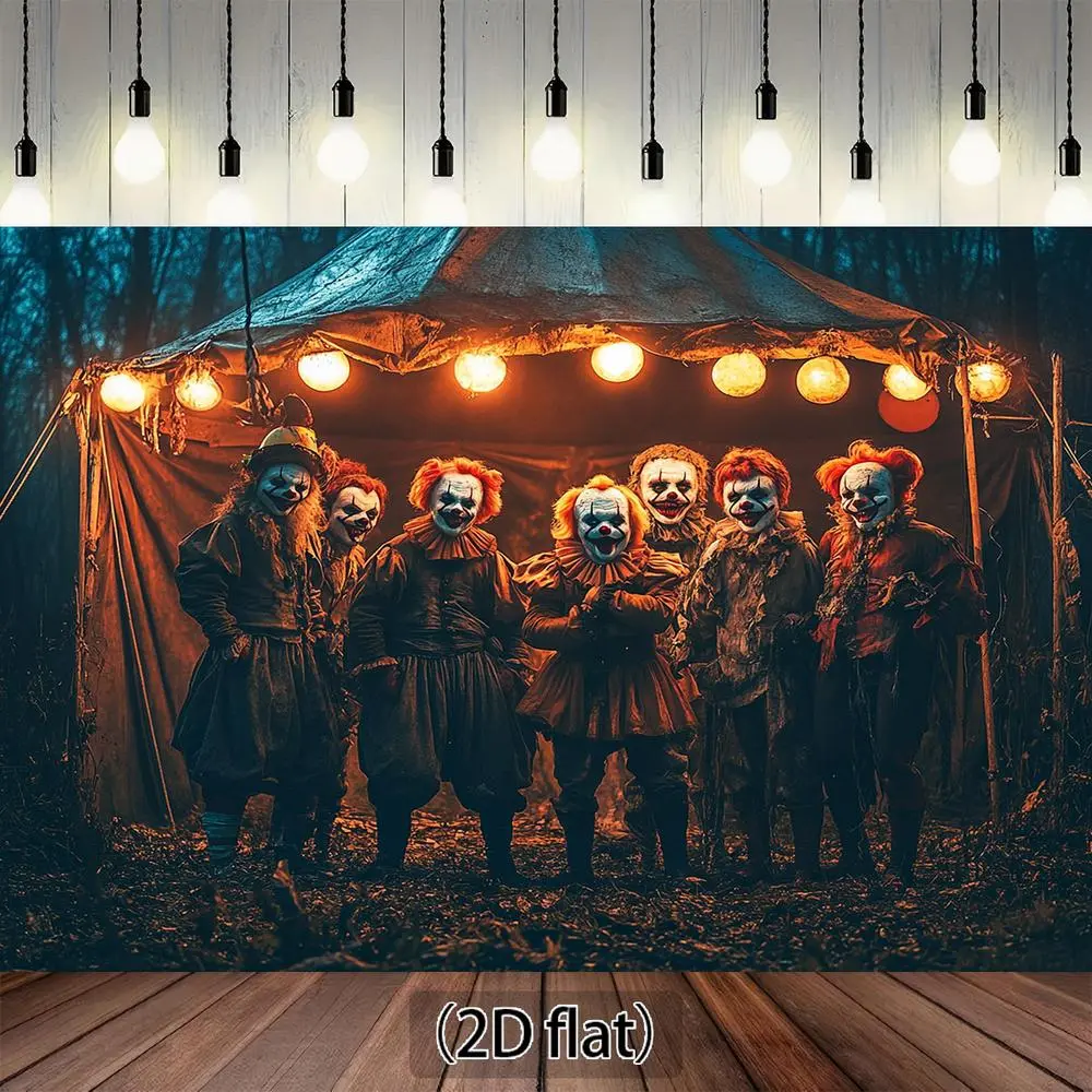 1pc Soft 2D Flat Horror Circus Tent Backdrop - Electric-Powered, Easy-Setup, Lightweight White Polyester Textile, Clown Faces Spooky Photography Background, Halloween Party Decorations Banners, Haunted House Photo Booth Accessory for Horror Fans