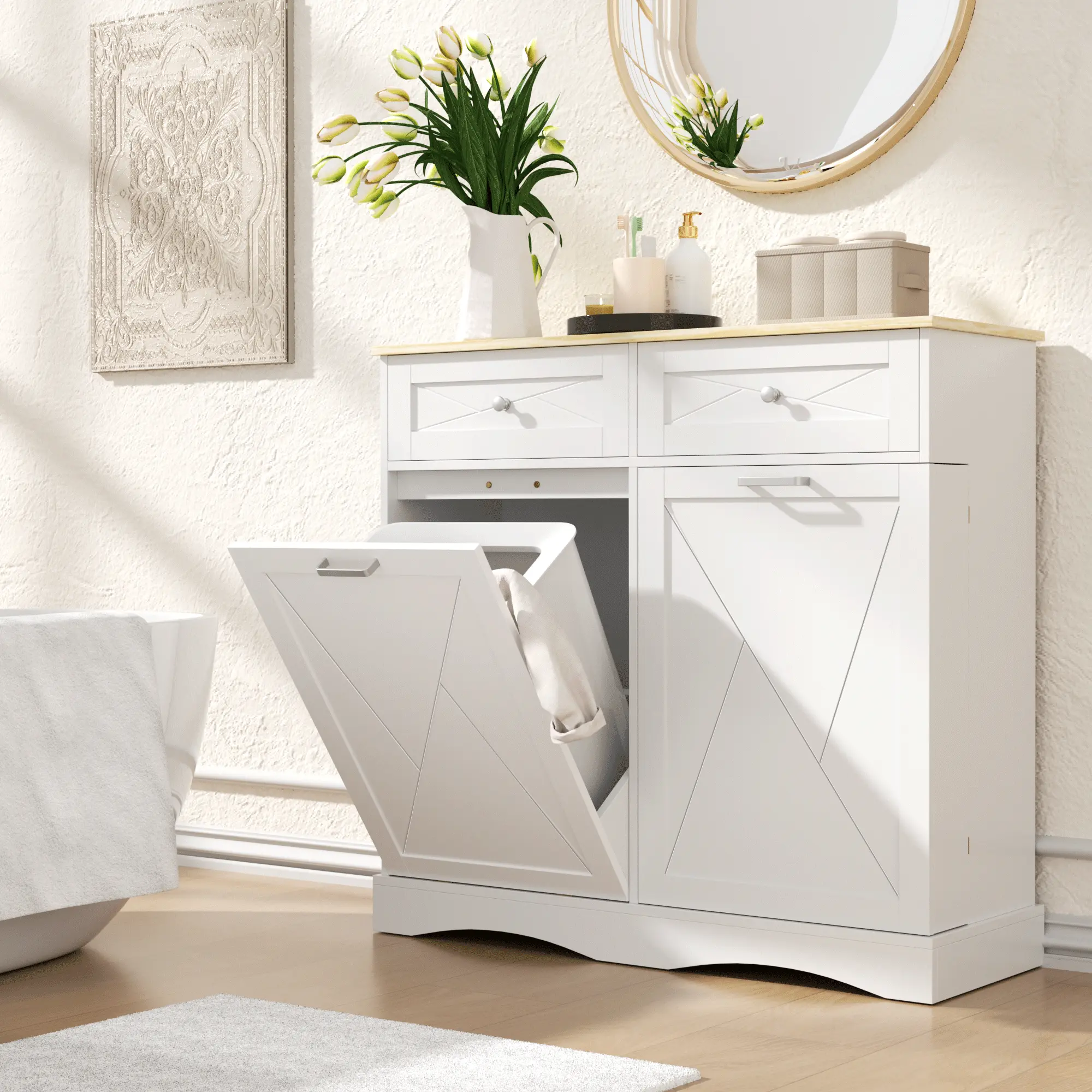 Wood Sturdy Tilt-Out Laundry Hamper Cabinet with Drawer - Hidden 12 Gal Trash Cabinet, Tidy Look Indoor Cupboard for Laundry Room & Kitchen (Above 25 kg Capacity)