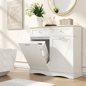 Tilt Out Laundry Hamper Cabinet with Drawer, Tilt Out Trash Can Cabinet 12 Gallon, Kitchen Island with Trash Can Cabinet, Trash Garbage Can Bin Cabinet for Laundry Room, Kitchen