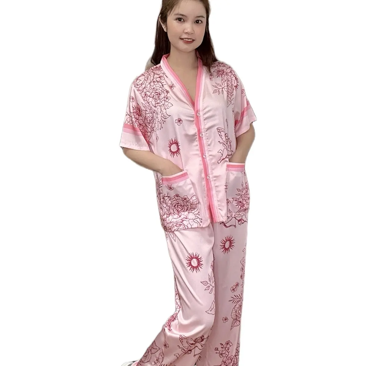 One size: ( 100-141lbs ). Women's Latin Silk Pink Pajamas Set with Y Neck and Two Top Pockets - Loungewear and Nightwear Womenswear, Pjs, Homewear, Comfort, Pyjamas