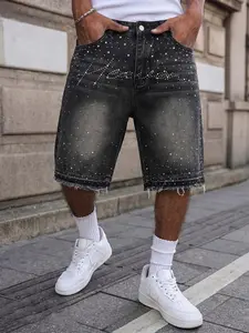 Men's Black Rhinestone Denim Jorts, S Fits W32, Tag Size S-W32 to XXL-W40, Non-Stretch Starry Y2K Streetwear Shorts