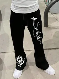 Salvation Cross Graphic Print Men's Pants - Dark Avant-Garde Oversized Baggy Straight Leg Trousers - Gothic Streetwear Sweatpants for Hip Hop Aesthetic & Daily Wear
