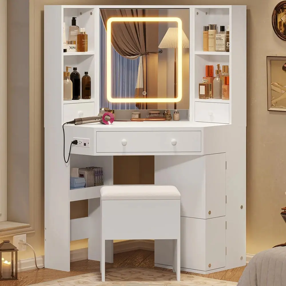 SIKAIC Corner Shape Vanity Set - LED Makeup Mirror, Faux Leather Stool, Charging Station, Engineered Wood Storage Dressing Table with Drawers for Daily Makeup