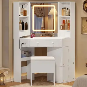 Sikaic Corner LED Makeup Vanity Desk With Storage Stool And Charging Station Mirror Drawers, Rotating Shelves