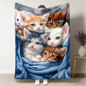 Cute Tabby Cat Blanket - Soft Flannel Kitten Bedspread with Multi-Color Tabby Cats (Brown/White/Black/Grey) - Lightweight All-Season Cozy Throw for Bed, Sofa, Travel & Camping - Hand Wash Only Cat Lover Gift worm, Lightweight Throw