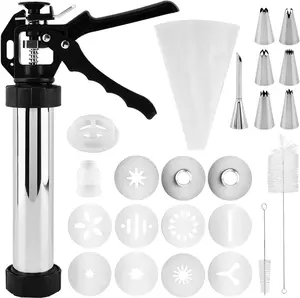 3-in-1 Multifunctional Stainless Steel Churros Maker Machine - Cookie Press With Piping Bag, Nozzles & Discs for Homemade Baking